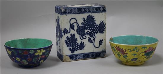 Two Chinese teabowls and a pillow